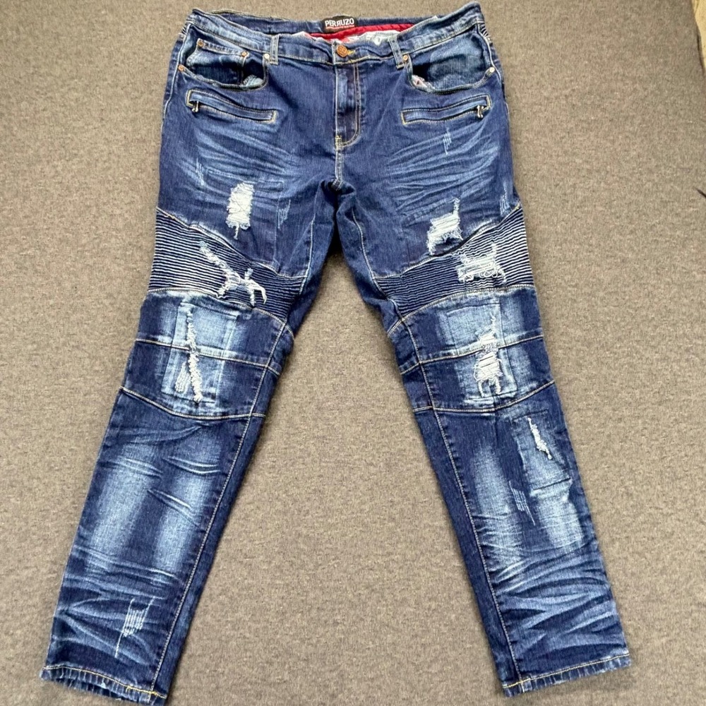 PERRUZO Jeans Mens 38x30 Distressed Moto Ribbed Knee Zip‎ Pocket Blue Faded Wash